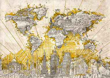 world map landmark vintage