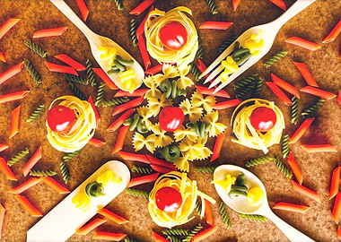 Various pasta and spoons