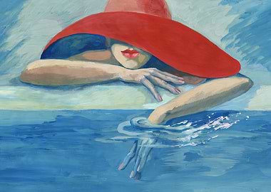 woman in a hat by the pool