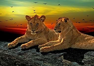 Lions At Sunset