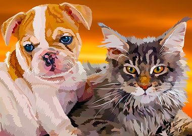 Bulldog puppy and kitten