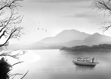 Boat on lake mountains