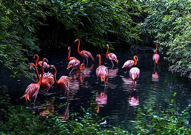 Pink flamingos in a pond