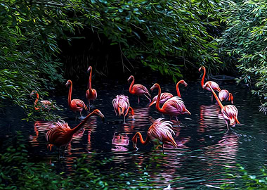 Pink flamingos in a pond