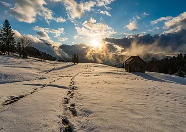 Sunset in snowy Swiss