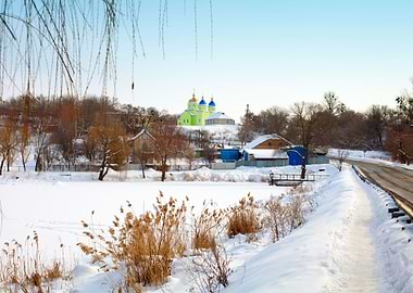 Blue Bushes Church Clouds