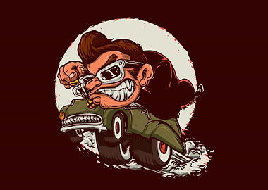 Angry man ride old car