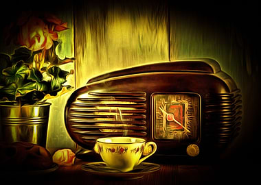 vintage radio with coffee