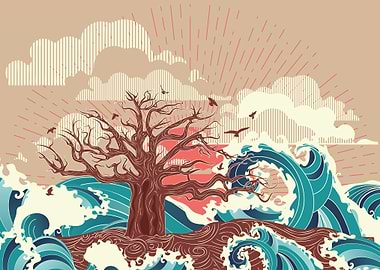 Leafless tree on island