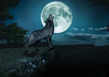 Wolf Howling on moon