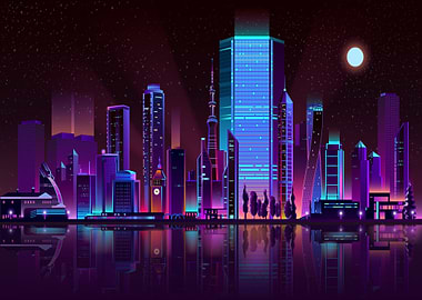 Modern city skyline neon