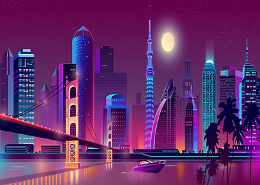 modern city skyline neon