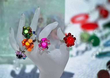 Colorful rings on a hand