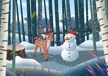 Deer Snowman forest winter