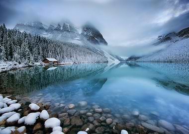 Snow mountain lake forest