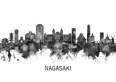 Nagasaki Japan Skyline BW