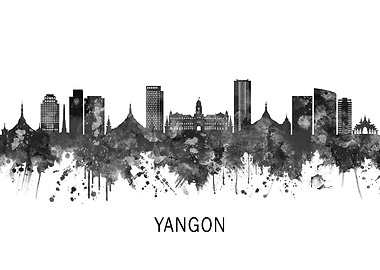 Yangon Myanmar Skyline BW