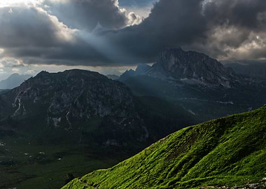 Green mountains in light