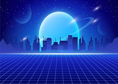 blue retro neon city