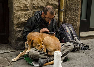 Street man with dog