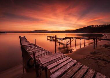Sunset on lake sea boat