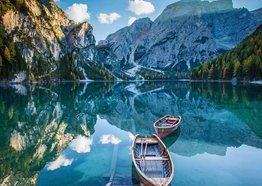 Mountains at Lake Boats