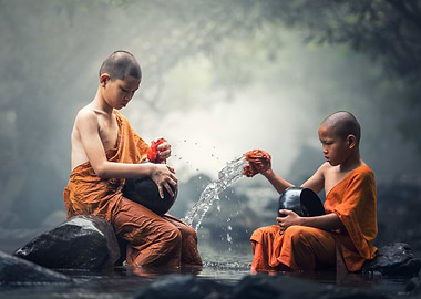 Novice monks washing