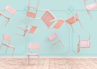 Flying chairs in a room