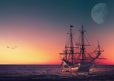 Galleon at sunset and moon