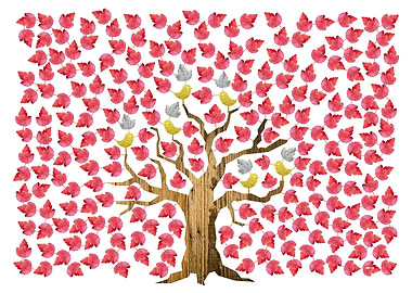 Red Tree With Golden Birds