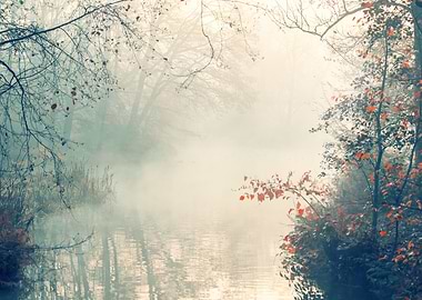 Autumn foggy lake in park