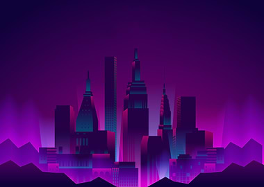 Flat glowing neon city