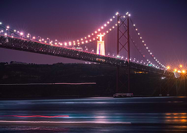 Night neon bridge Lisbon