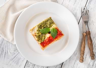 Portion of lasagne on whit