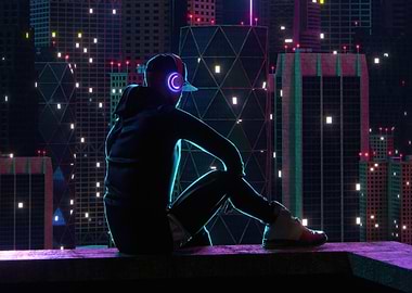 Neon headphones rooftop