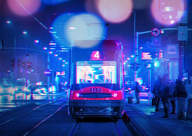 Train Neon Night In City