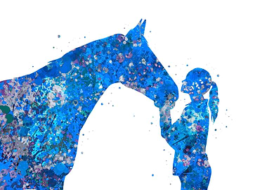 Girl with horse blue art