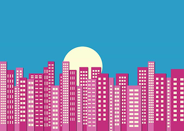 Pink City Skyline Moon