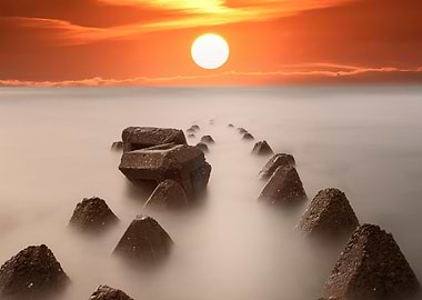 波浪斷裂的日落