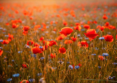 Red field poppies in glade