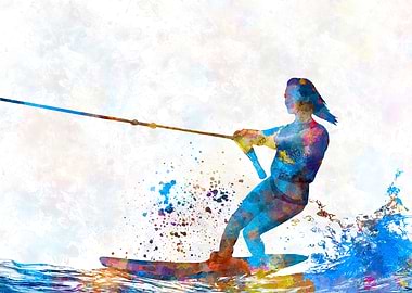 Water skiing in watercolor