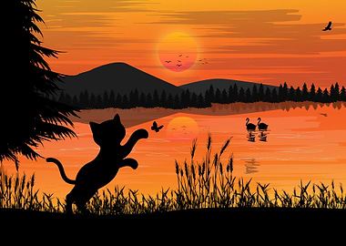 Cat by Sunset nature