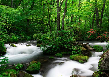 Spring green Oirase Creek