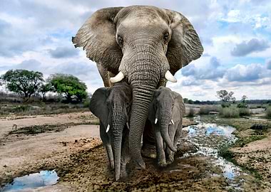Elephant and cubs