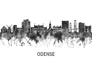 Odense Denmark Skyline BW