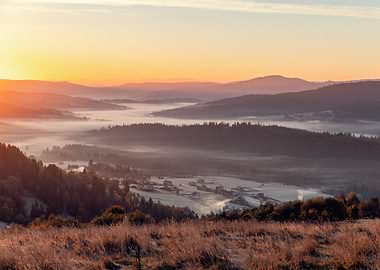 Autumn foggy sunrise, view