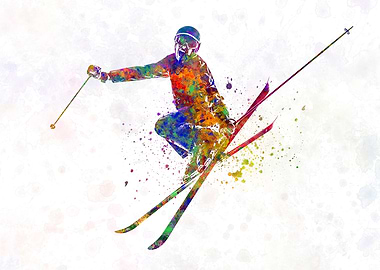 Skier jumping in watercolo
