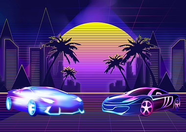 Retro Sunset City Cars