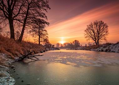 Winter sunrise, wild river