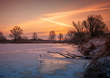 Winter sunrise, wild river